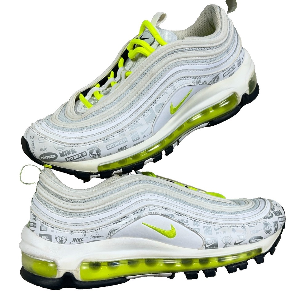 NIKE AIR MAX 97 GS WHITE Neon Yellow REFLECTIVE LOGOS Size 4.5Y 921522-108